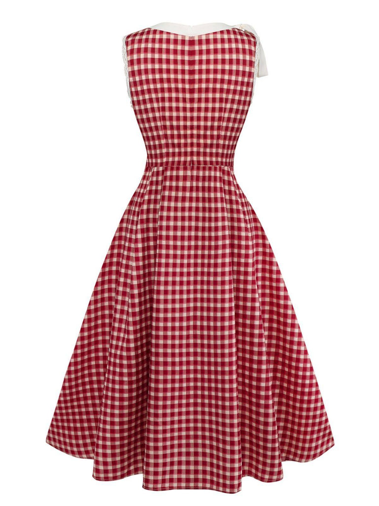 Red 1950s Gingham Plaid Sleeveless Lace Round Neck Dress
