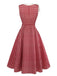 Red 1950s Gingham Plaid Sleeveless Lace Round Neck Dress