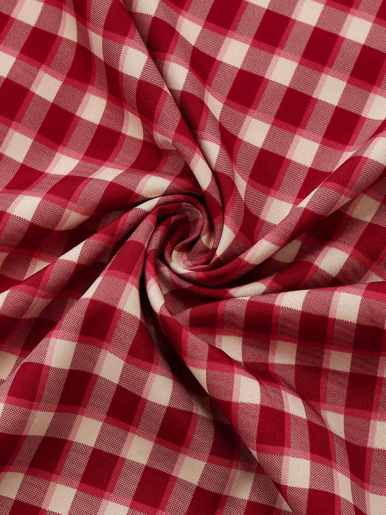 Red 1950s Gingham Plaid Sleeveless Lace Round Neck Dress