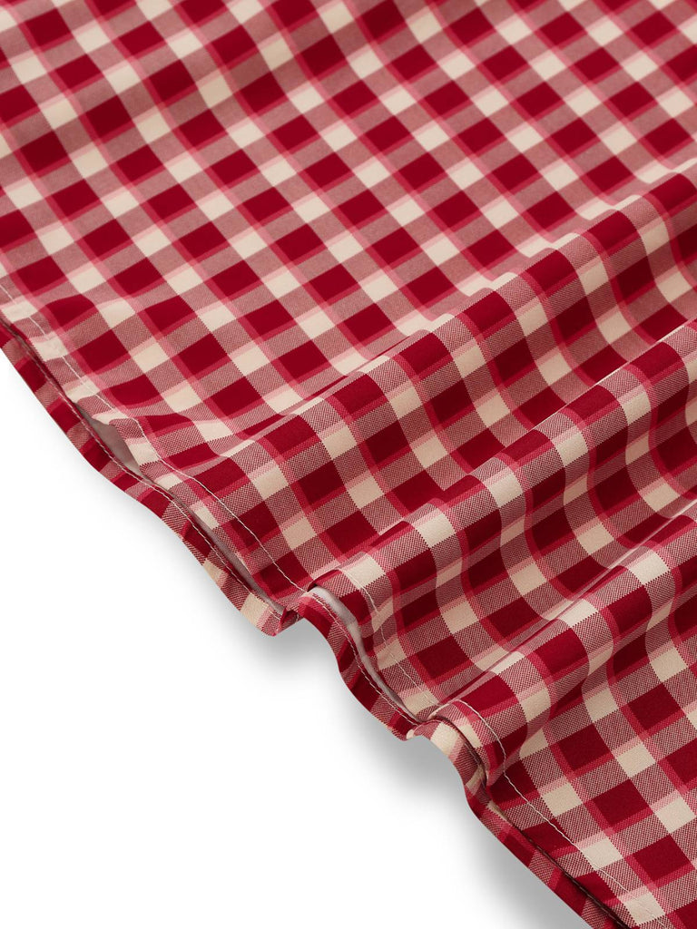 Red 1950s Gingham Plaid Sleeveless Lace Round Neck Dress