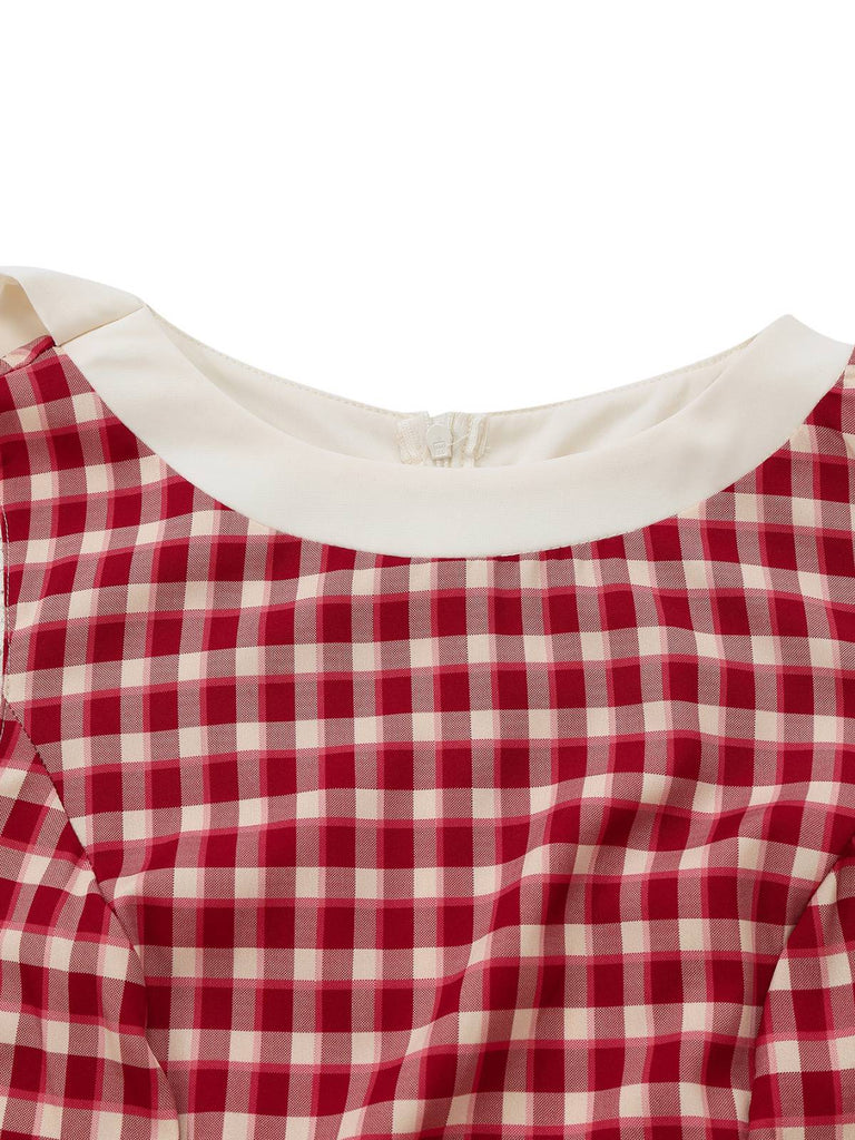 Red 1950s Gingham Plaid Sleeveless Lace Round Neck Dress