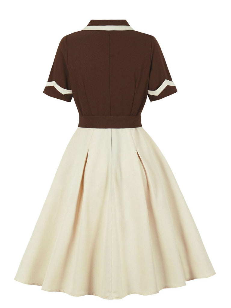 Coffee & Beige 1950s Contrast Lapel Belted Dress