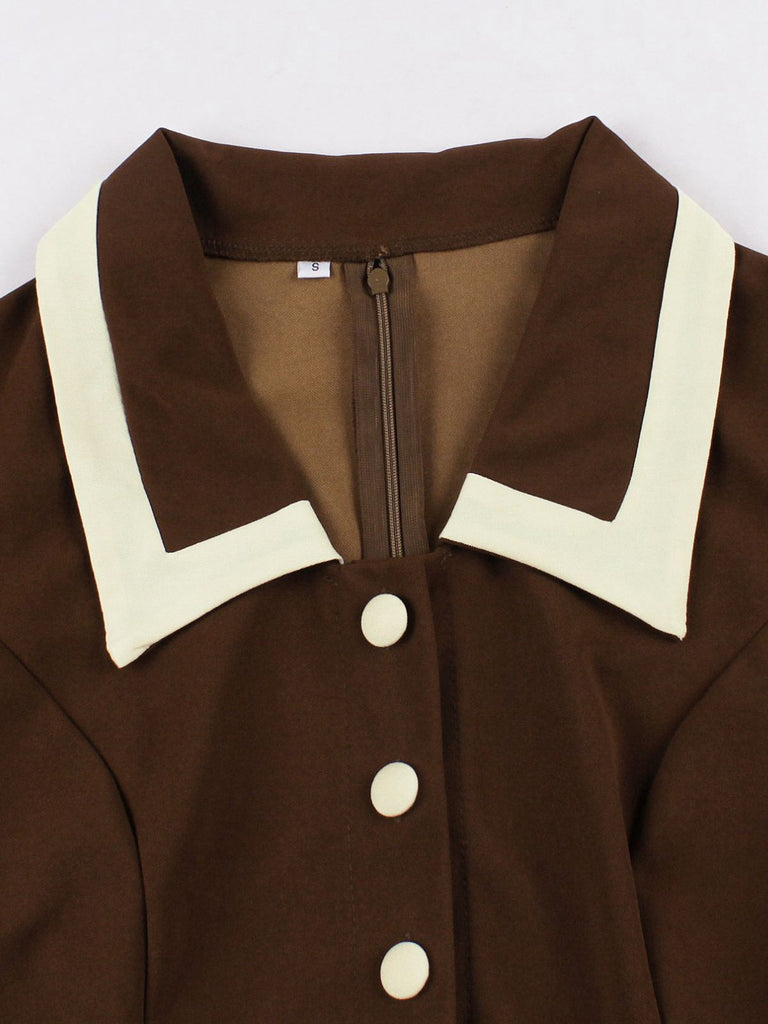 Coffee & Beige 1950s Contrast Lapel Belted Dress