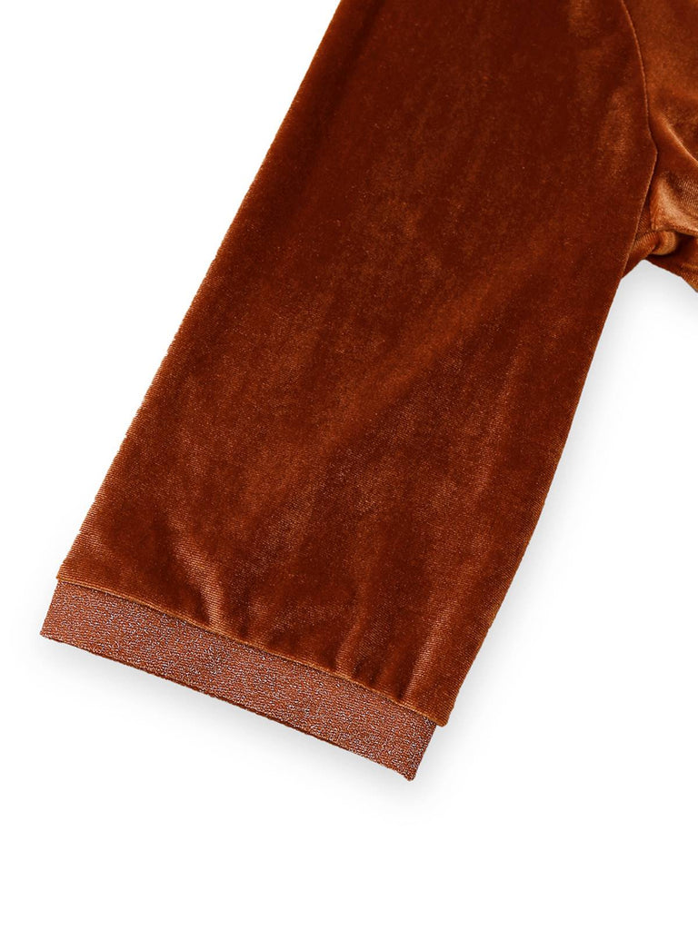 Brown 1940s Lapel Velvet Mock Two-Piece Solid Dress