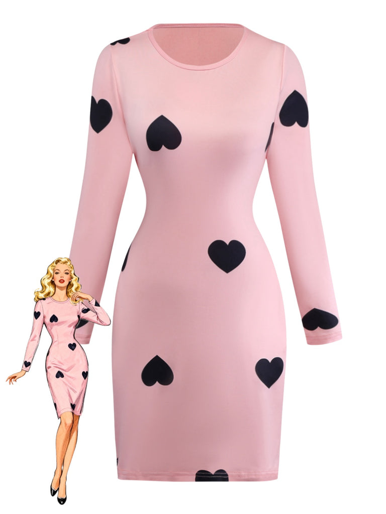 Pink 1960s Heart Round Neck Bodycon Dress