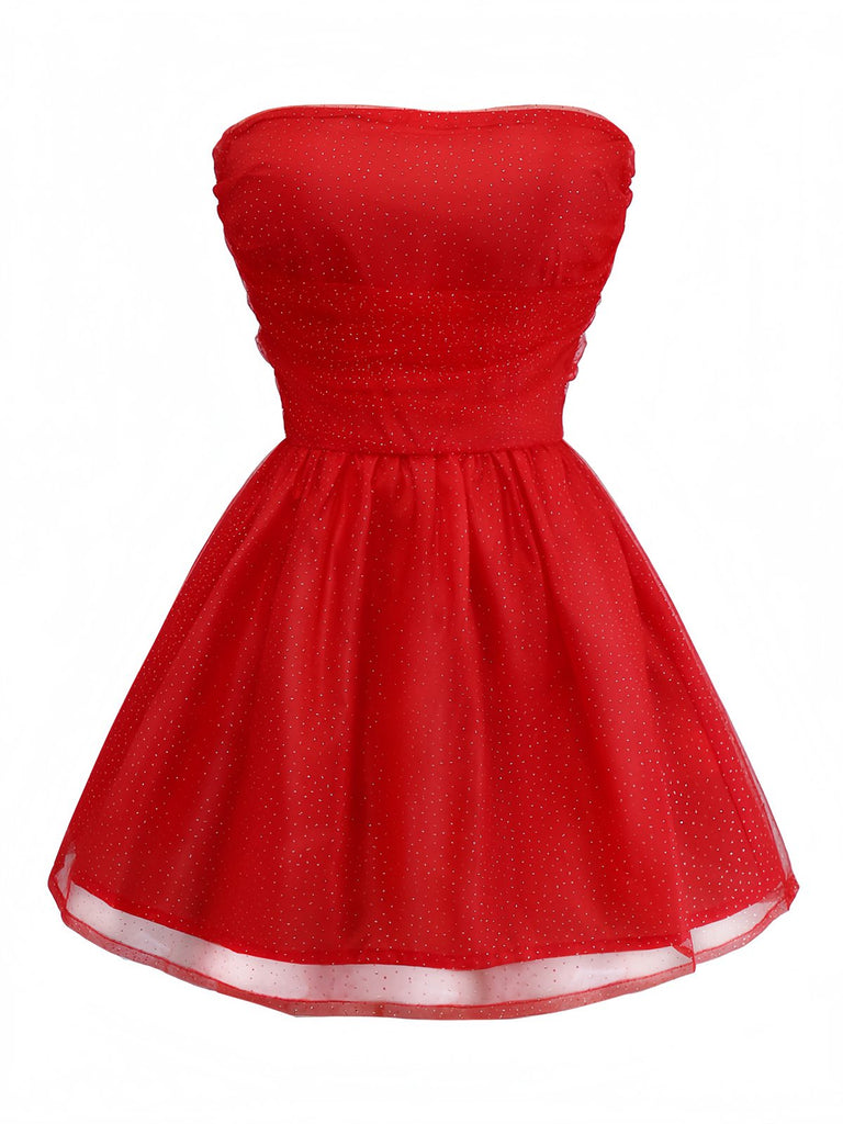 1960s Strapless Glitter Back-Tie Tulle Dress