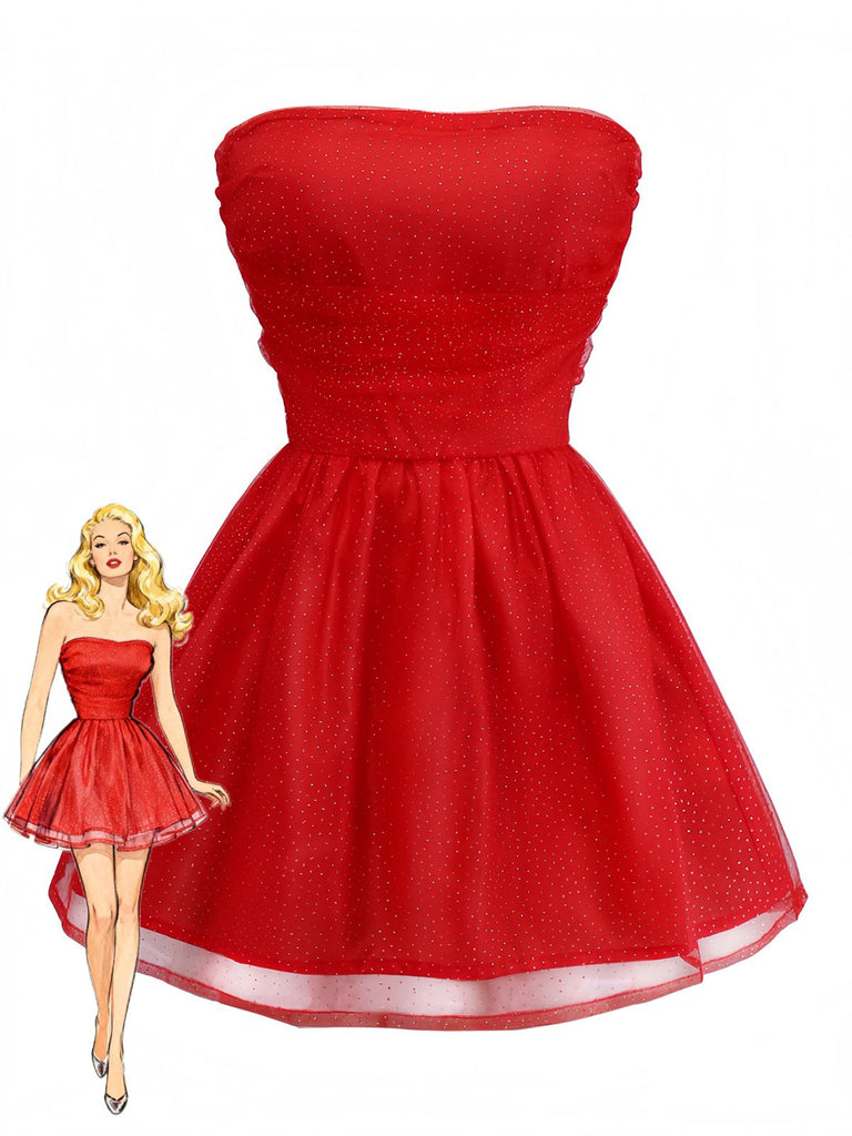 1960s Strapless Glitter Back-Tie Tulle Dress