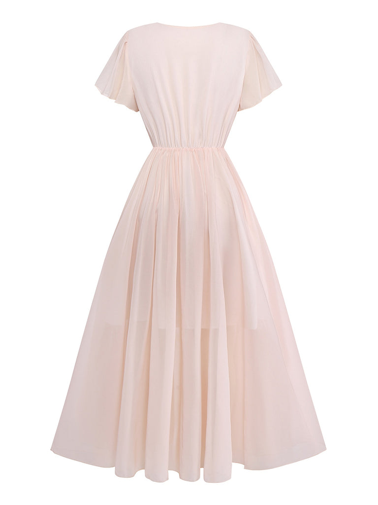 Pink 1940s V-Neck Ruffle Sleeve Floral Print Dress