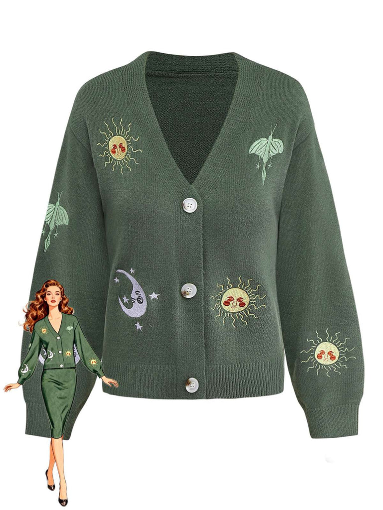 1980s Sun Moon Embroidered Lantern Sleeve Knitted Cardigan