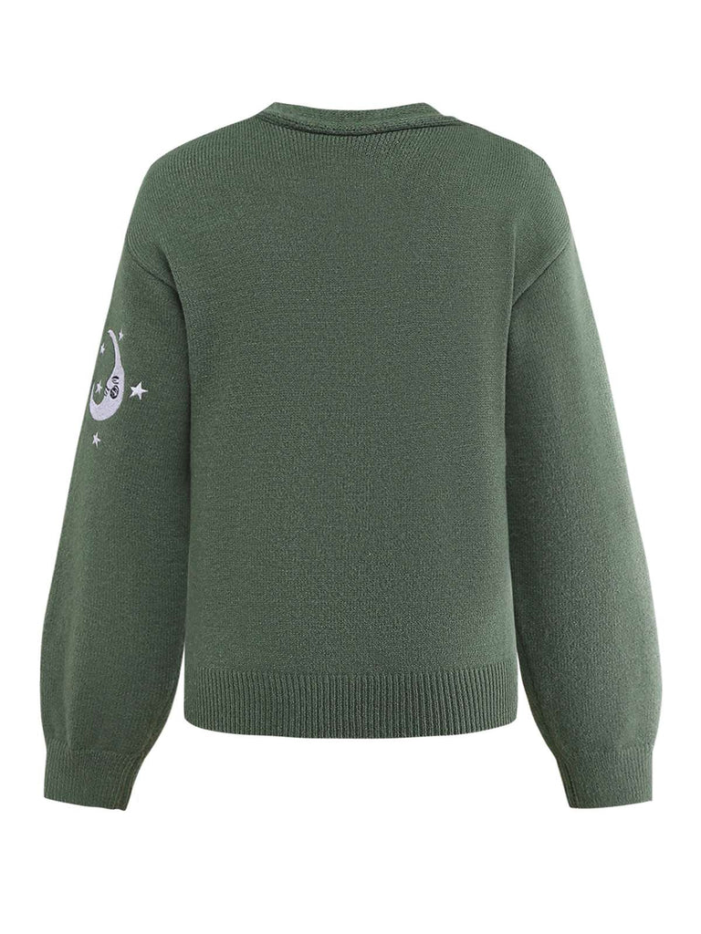 1980s Sun Moon Embroidered Lantern Sleeve Knitted Cardigan