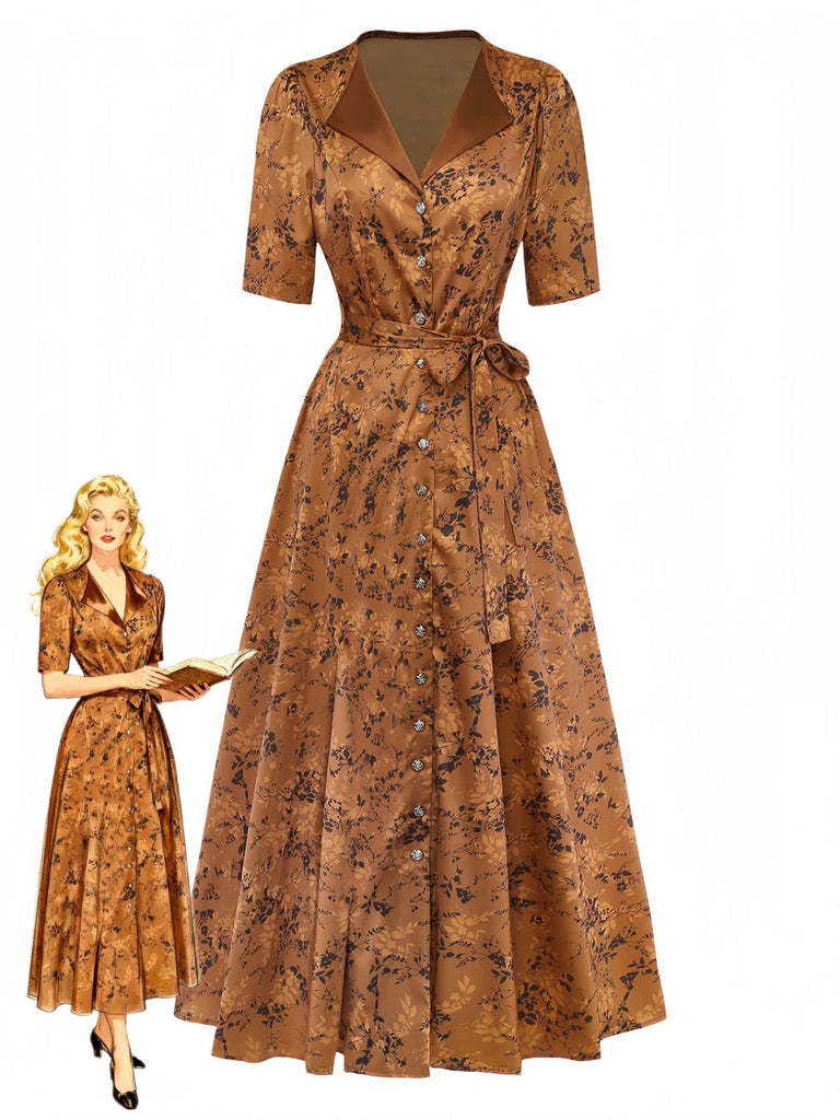 Brown 1930s Ditsy Floral Lapel Maxi Dress
