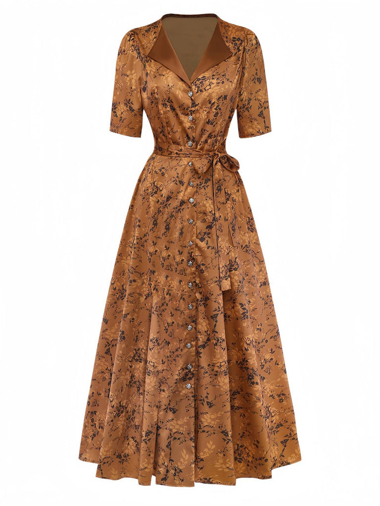 Brown 1930s Ditsy Floral Lapel Maxi Dress