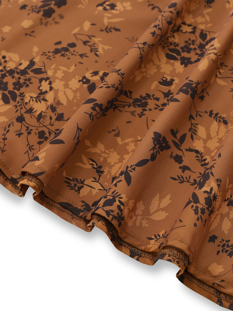 Brown 1930s Ditsy Floral Lapel Maxi Dress