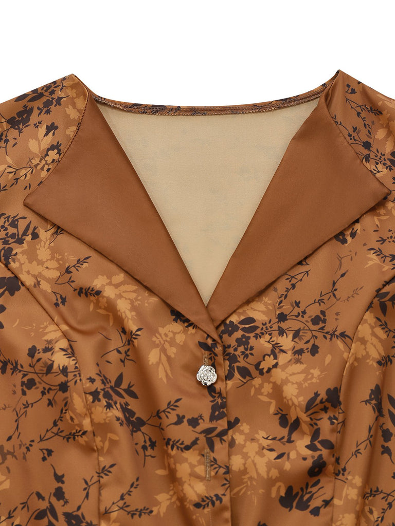 Brown 1930s Ditsy Floral Lapel Maxi Dress