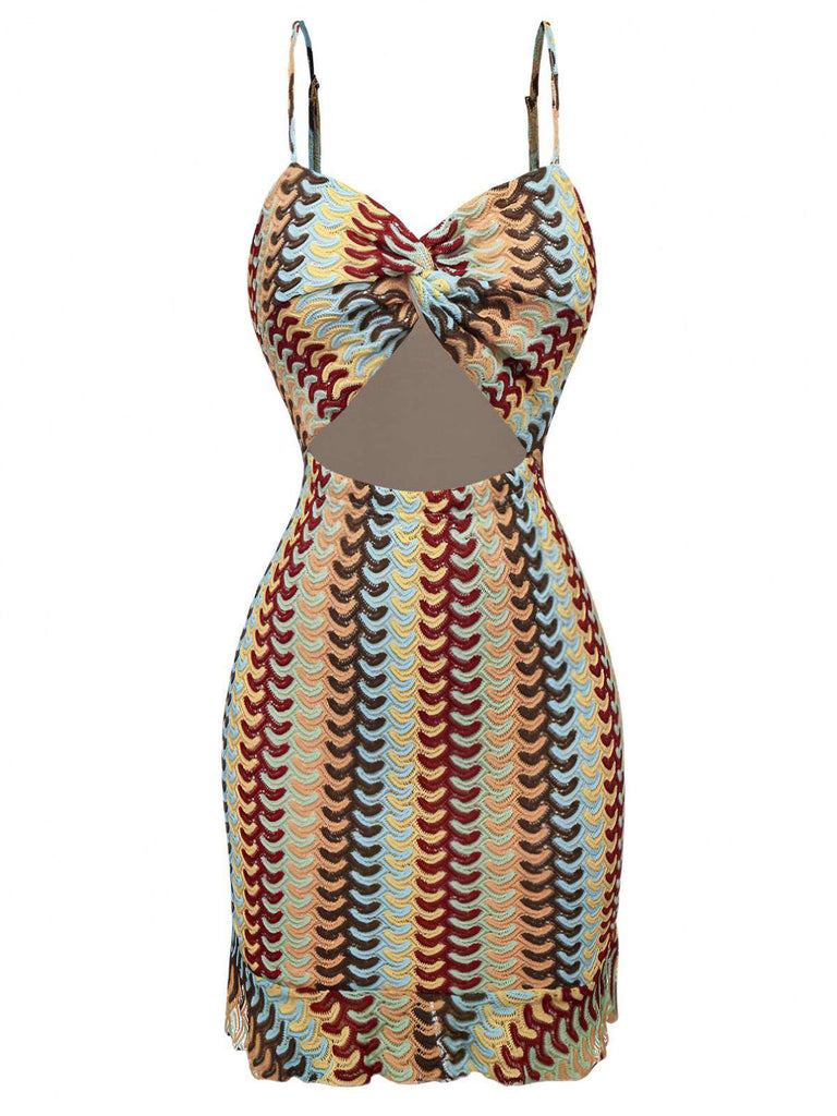Multicolor 1960s Crochet Cutout Twist Ruffled Hem Dress