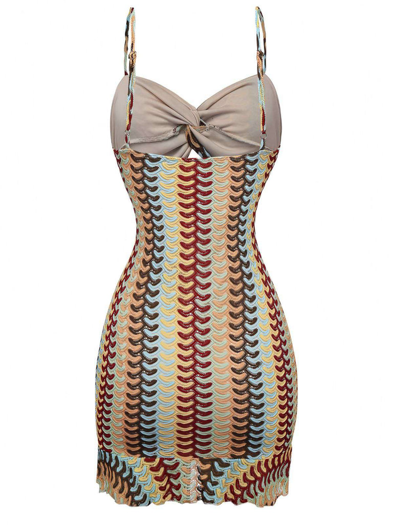 Multicolor 1960s Crochet Cutout Twist Ruffled Hem Dress