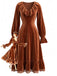 Brown 1940s Solid Corduroy Lace Ruffled Dress