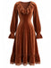 Brown 1940s Solid Corduroy Lace Ruffled Dress