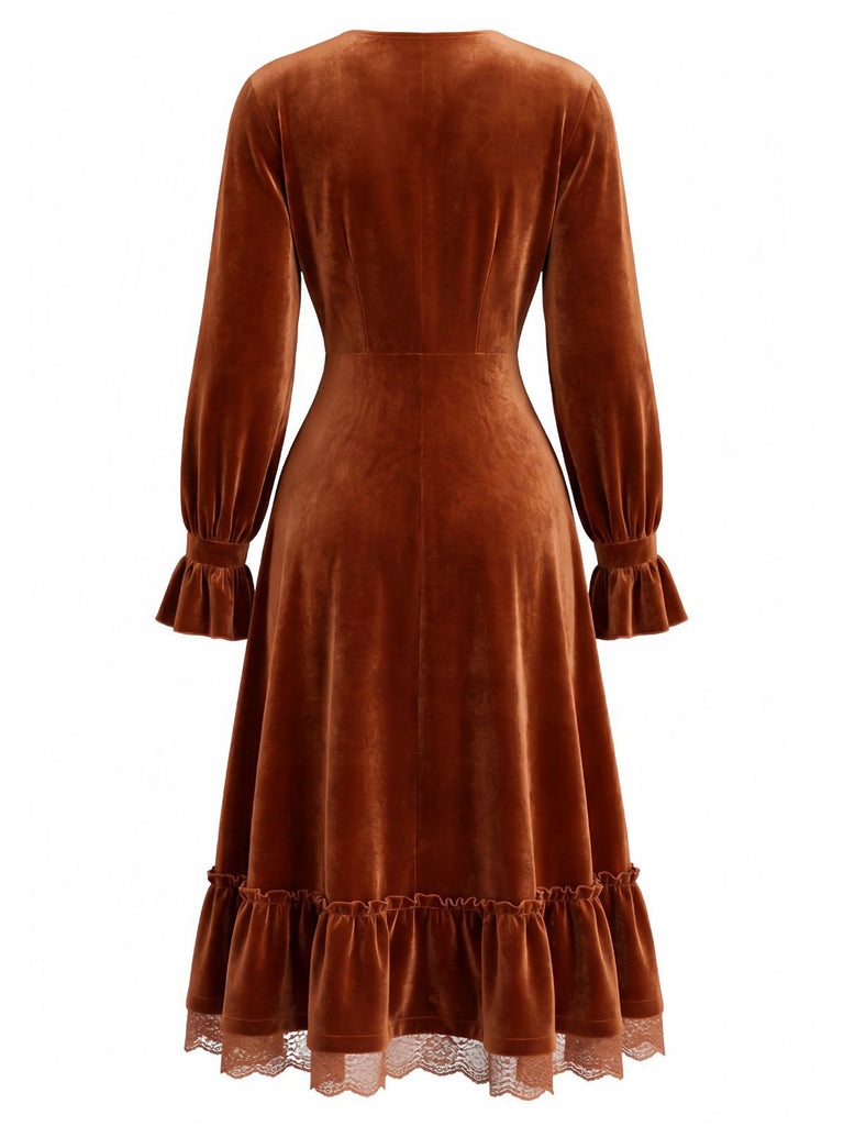 Brown 1940s Solid Corduroy Lace Ruffled Dress