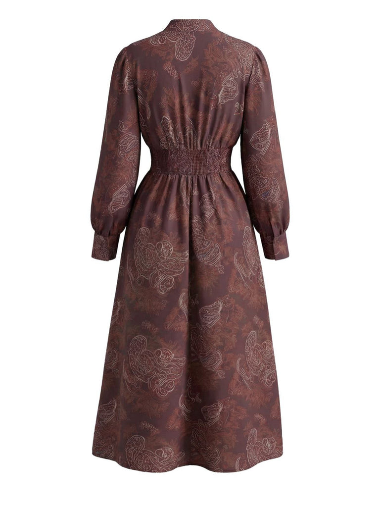 Brown 1970s Boho Paisley Stand V-Neck Smocked Dress