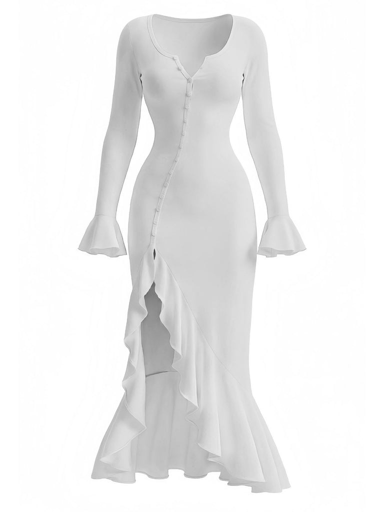 1930s Ruffled Button Side Slit Midi Dress