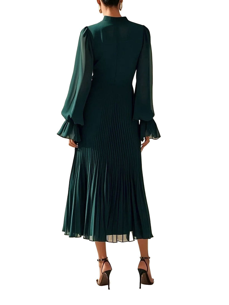 Green 1950s Solid Ruffled Hem Pleated Dress