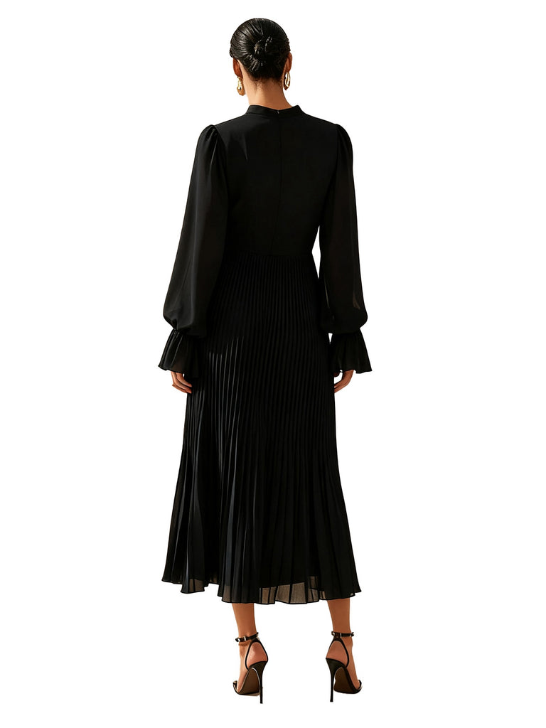 Green 1950s Solid Ruffled Hem Pleated Dress