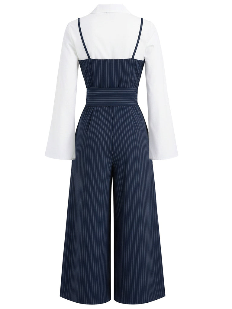 [Pre-Sale] Blue 1970s Fake 2PCS Stripe Tie-Up Jumpsuit