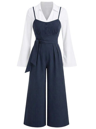 [Pre-Sale] Blue 1970s Fake 2PCS Stripe Tie-Up Jumpsuit