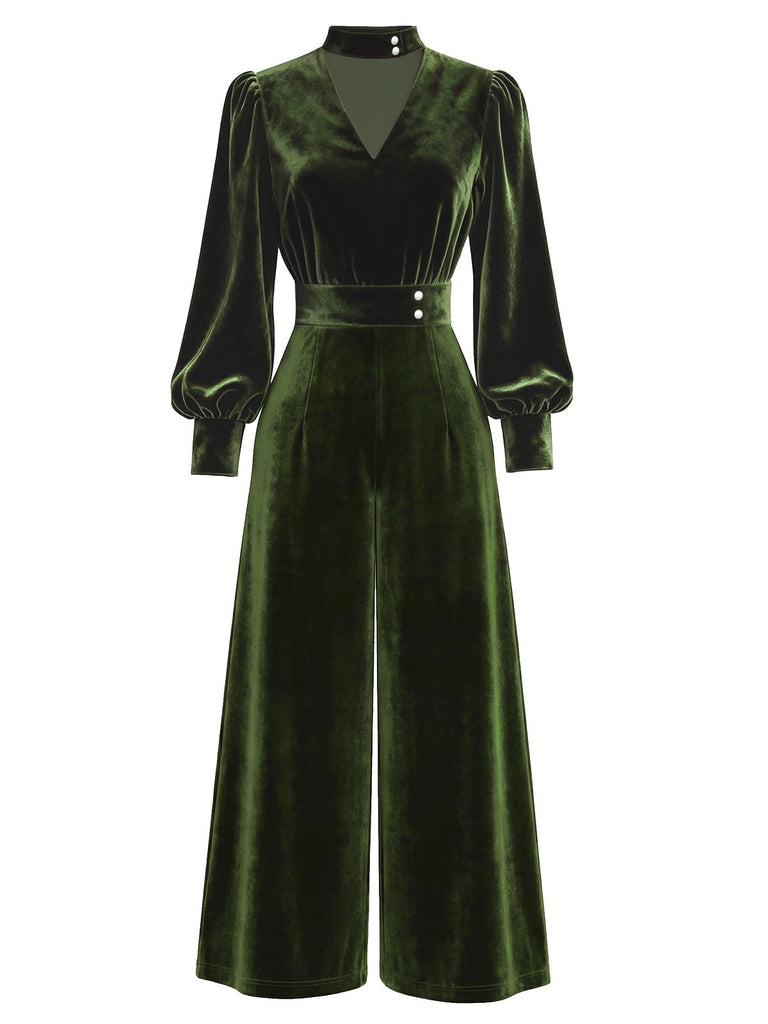 [Pre-Sale] Green 1960s Keyhole Neck Bishop Sleeve Velvet Jumpsuit