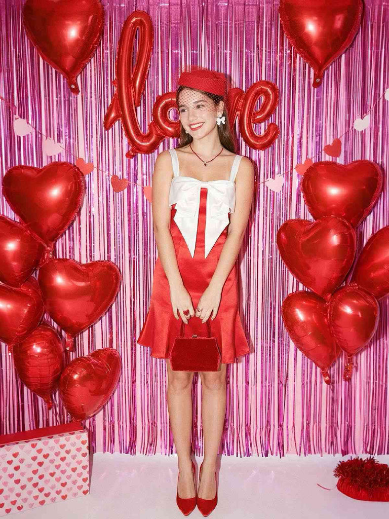 [Pre-Sale] Red 1930s Big Bow Colorblock Satin Fishtail Dress