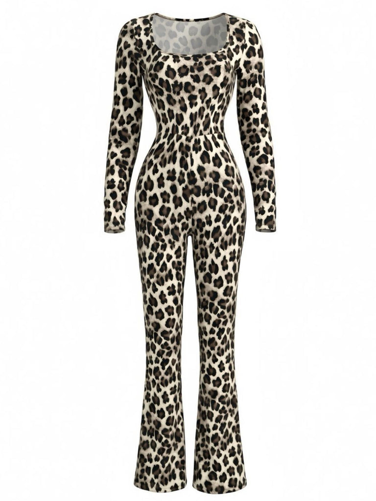Brown 1980s Square Neck Leopard Jumpsuit