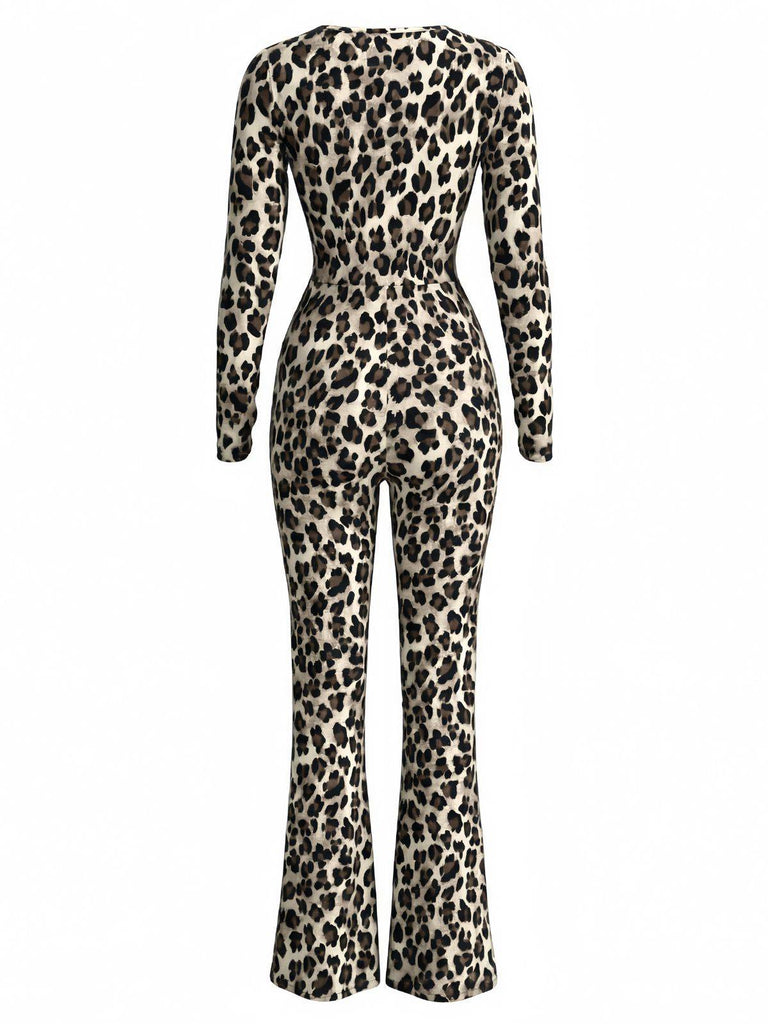 Brown 1980s Square Neck Leopard Jumpsuit