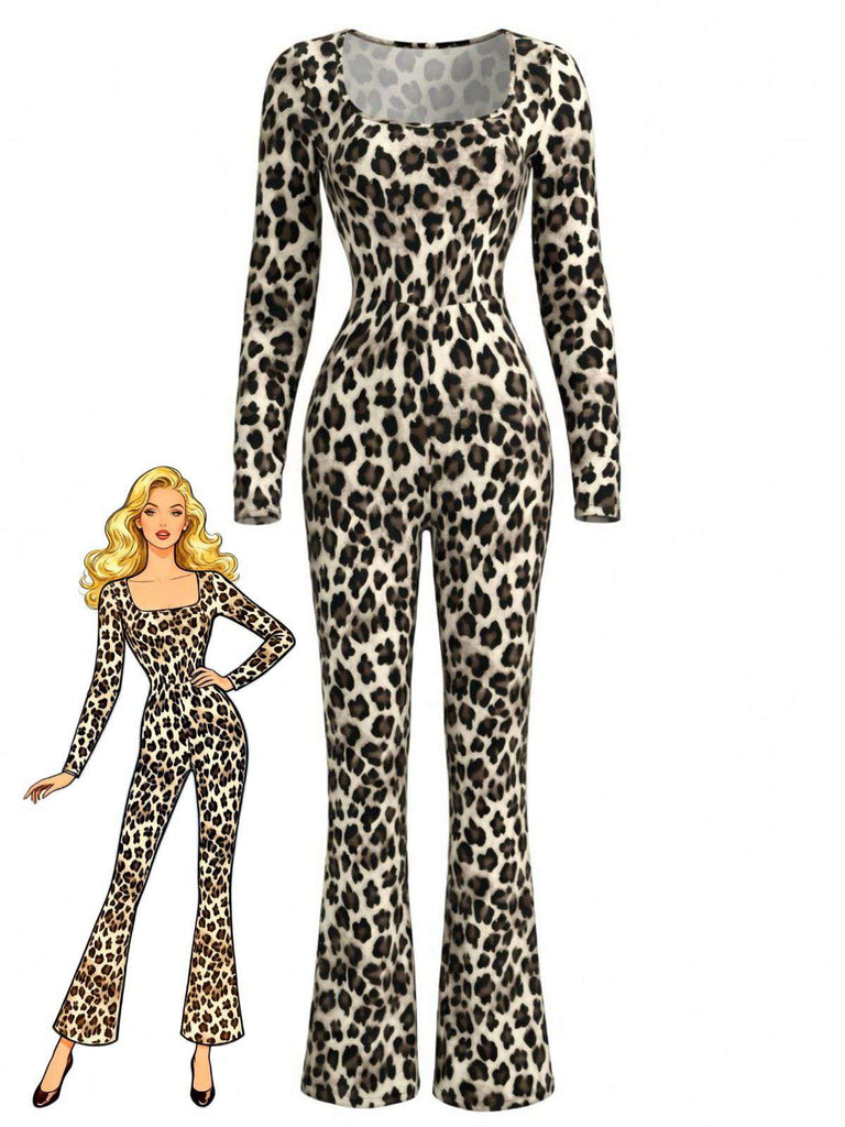 Brown 1980s Square Neck Leopard Jumpsuit