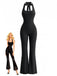 Black 1980s Solid Halter Backless Flared Jumpsuit
