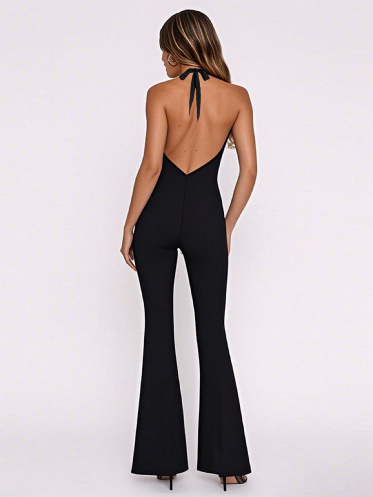Black 1980s Solid Halter Backless Flared Jumpsuit