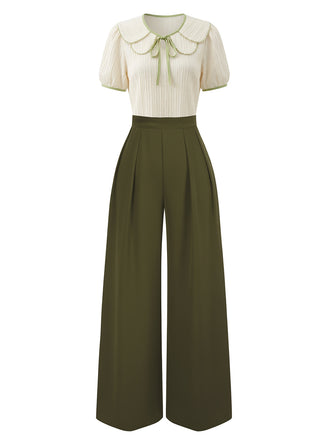[Pre-Sale] Beige Green 1930s Peter-Pan Tiered Collar Puff-Sleeve Wide-Leg Jumpsuit