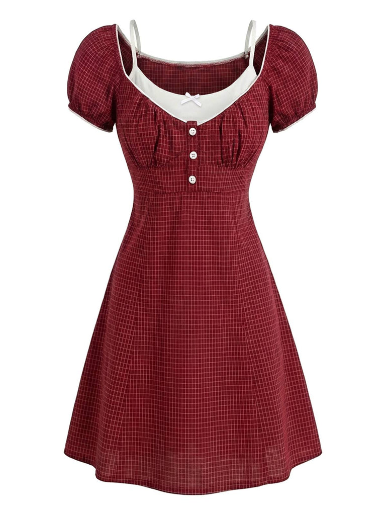 [Pre-Sale] Red 1960s Mock Two-Piece Windowpane Plaid Dress