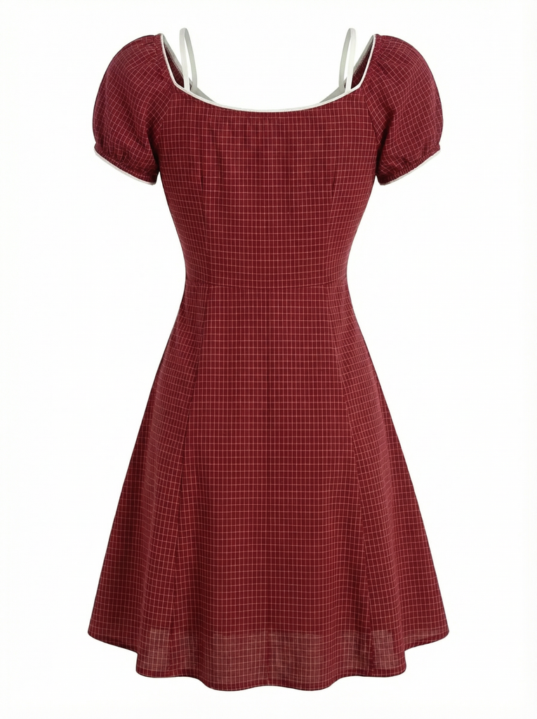 [Pre-Sale] Red 1960s Mock Two-Piece Windowpane Plaid Dress