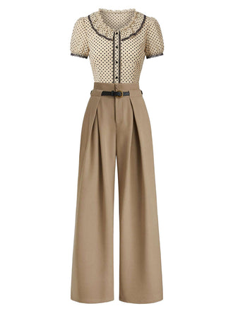 [Pre-Sale] Khaki 1950s Polka Dot Colorblock Ruffle Lace Jumpsuit