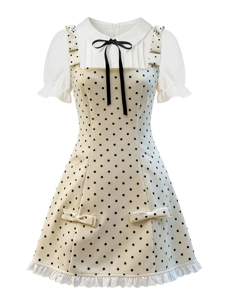[Pre-Sale] Apricot 1960s Polka Dot Colorblock Bow Dress
