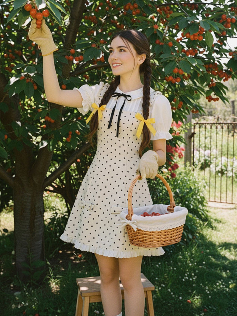 [Pre-Sale] Apricot 1960s Polka Dot Colorblock Bow Dress