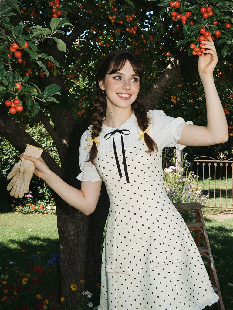 [Pre-Sale] Apricot 1960s Polka Dot Colorblock Bow Dress