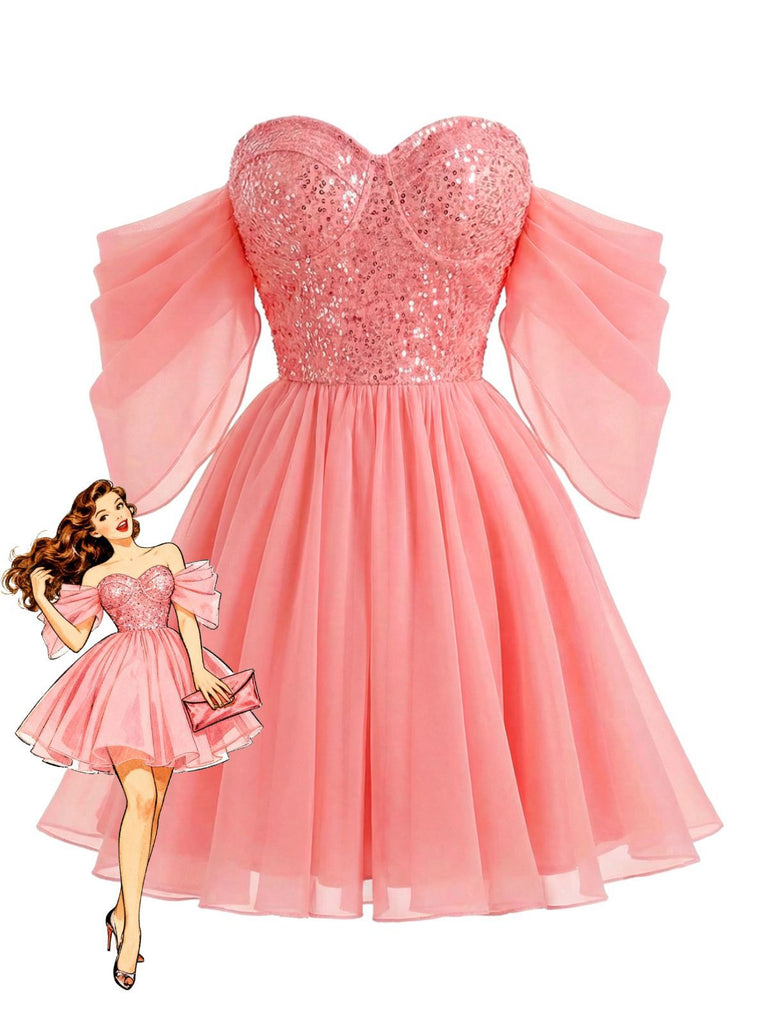Pink 1950s Sequin Mesh Off-Shoulder Dress
