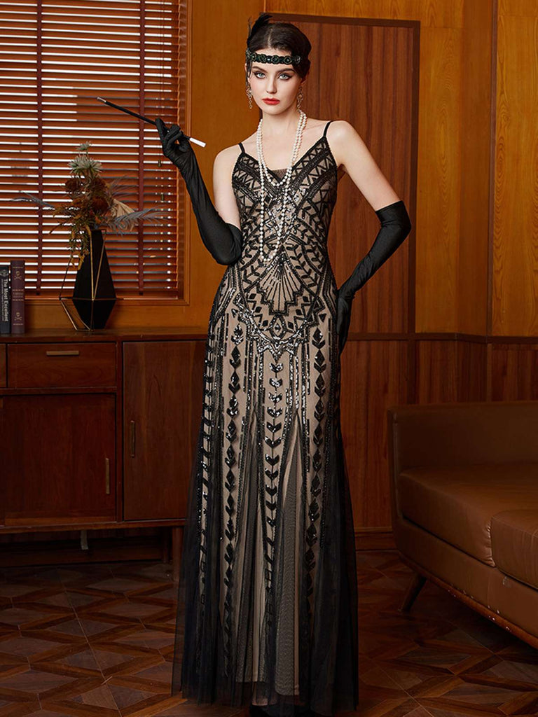 Black 1920s Gatsby Sequin Mesh Maxi Evening Dress