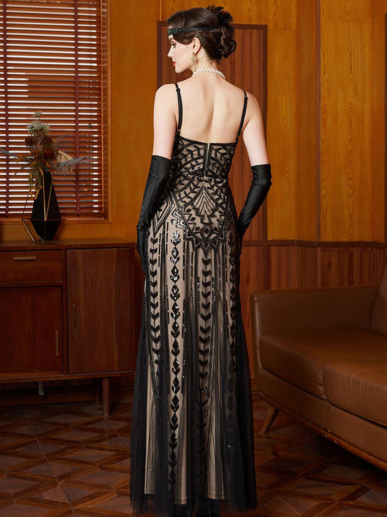 Black 1920s Gatsby Sequin Mesh Maxi Evening Dress