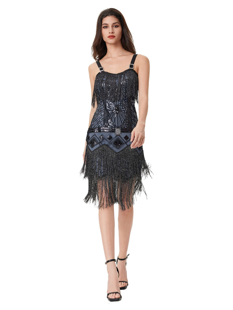 Blue Grey 1920s Sequined Tassel Ball Beaded Slip Dress