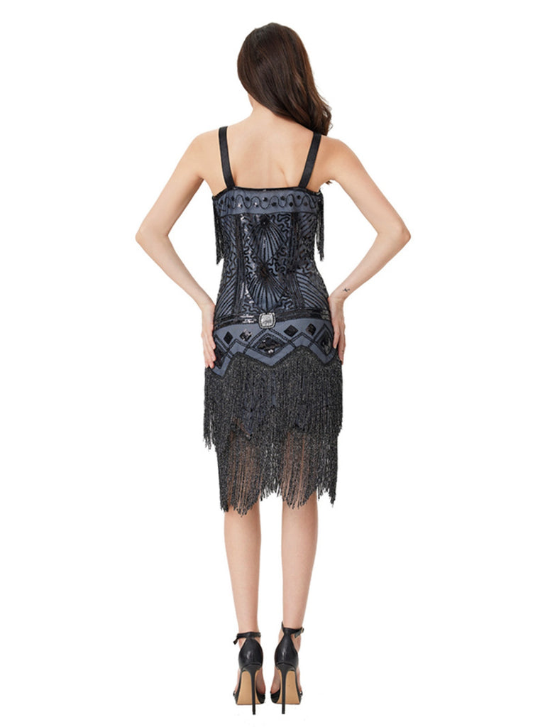 Blue Grey 1920s Sequined Tassel Ball Beaded Slip Dress