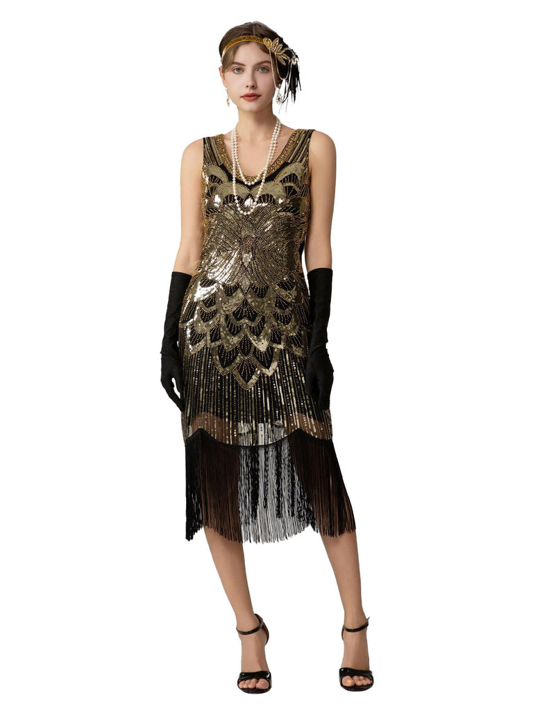 1920s Sequin Fringe Sleeveless U-Neck Flapper Dress