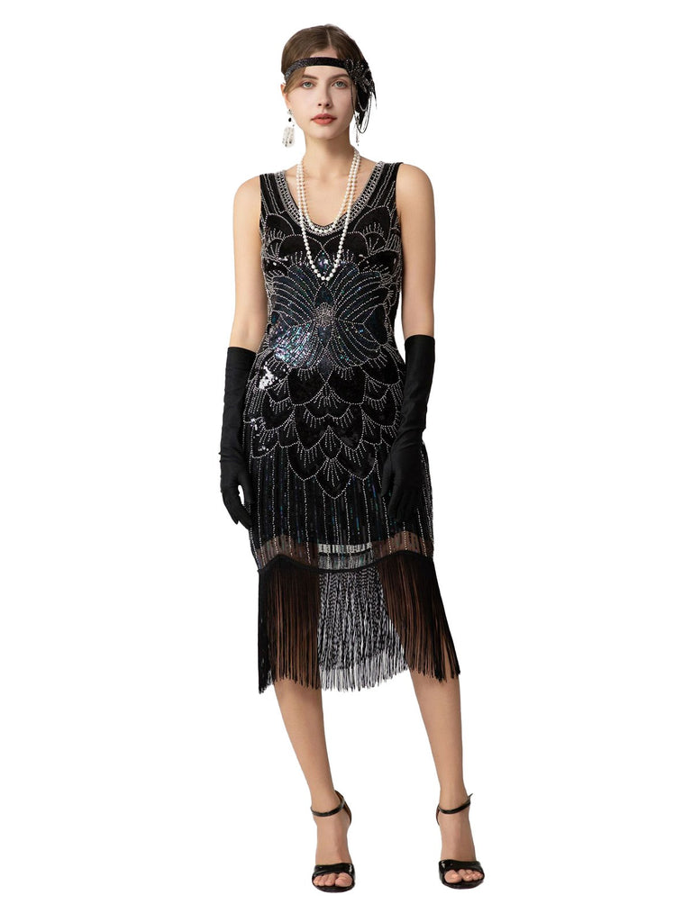 1920s Sequin Fringe Sleeveless U-Neck Flapper Dress